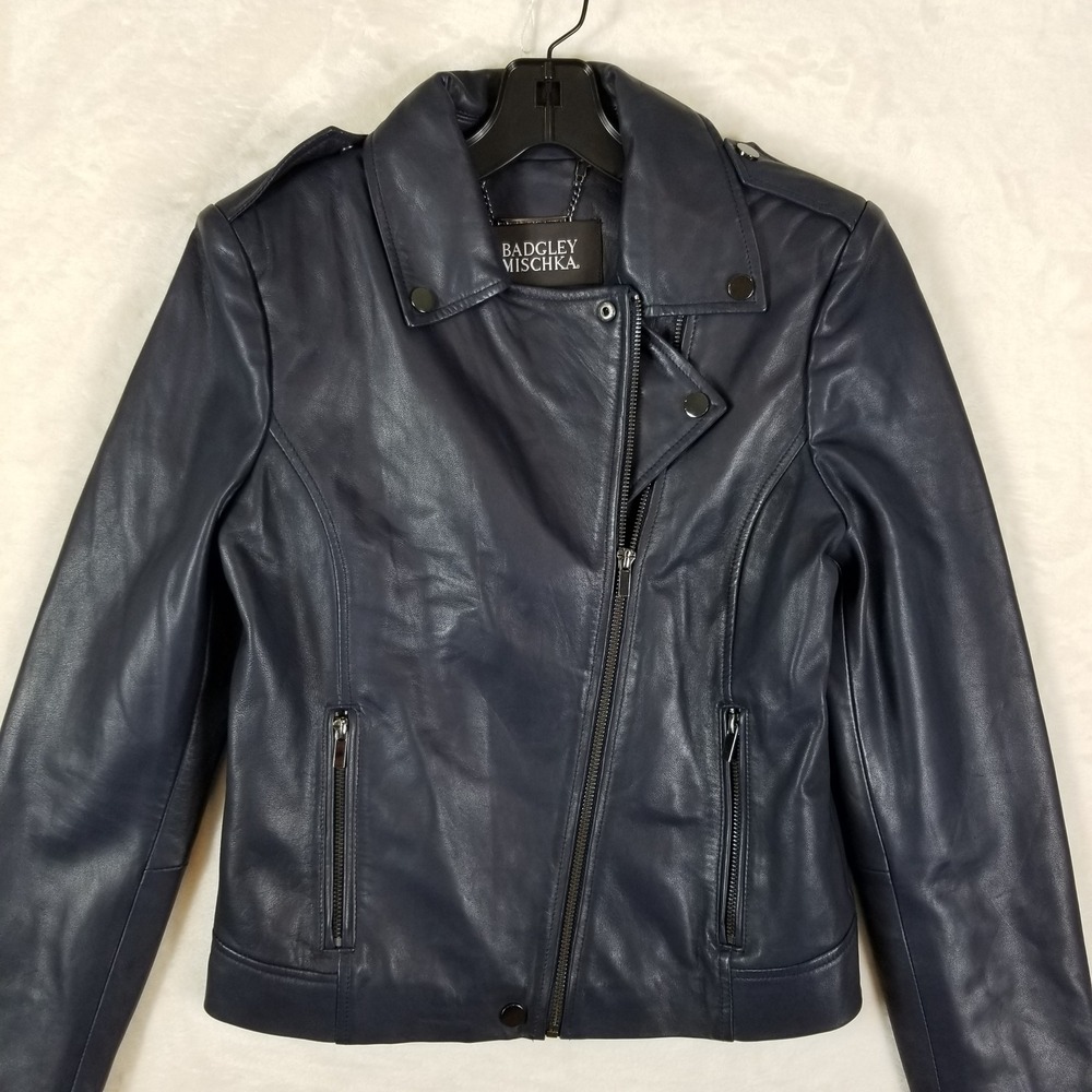 Badgley Mischka Leather‎ Moto Jacket Womens M Navy Blue Asymmetrical Zip Biker - Picture 2 of 11